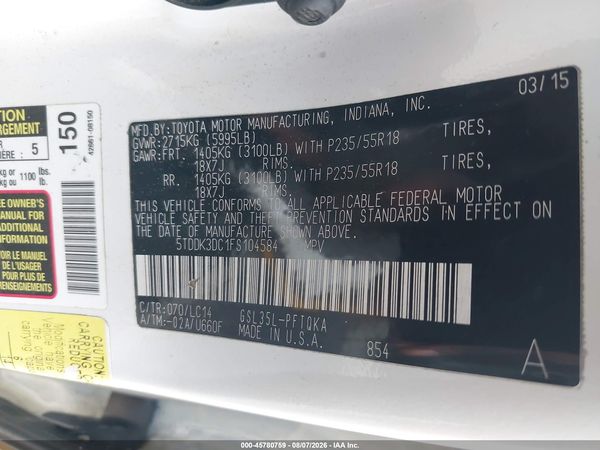 2015 TOYOTA SIENNA XLE PREMIUM 7 PASSENGER — I9