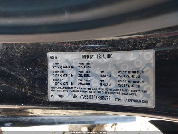 2019 TESLA MODEL 3 LONG RANGE/PERFORMANCE
