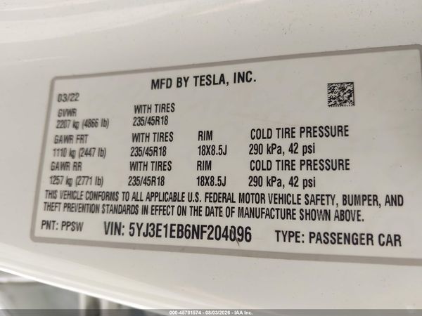 2022 TESLA MODEL 3