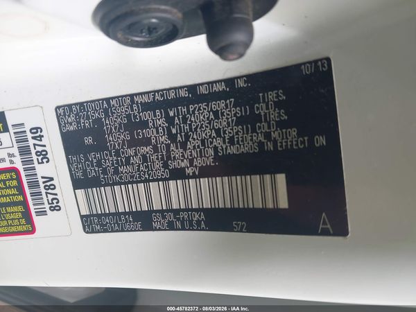 2014 TOYOTA SIENNA XLE V6 8 PASSENGER