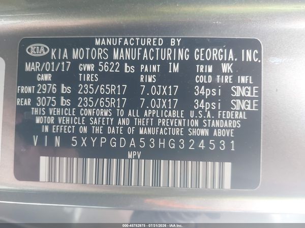 2017 KIA SORENTO 3.3L LX