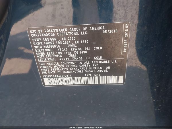 2018 VOLKSWAGEN ATLAS 3.6L V6 SE — I9