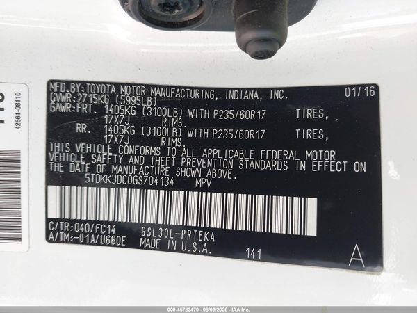 2016 TOYOTA SIENNA LE 8 PASSENGER