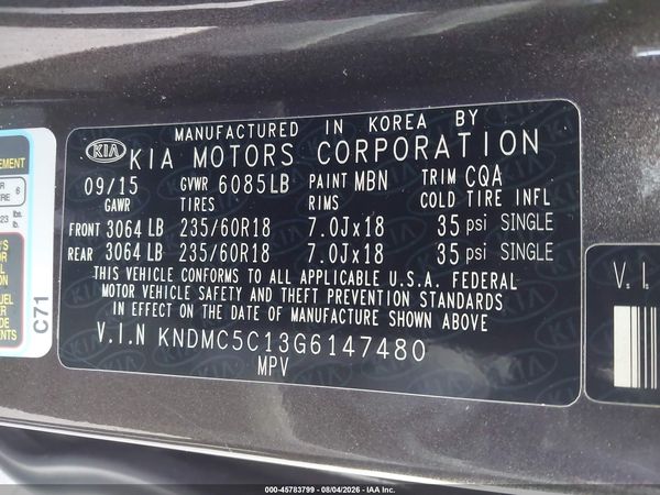 2016 KIA SEDONA SX