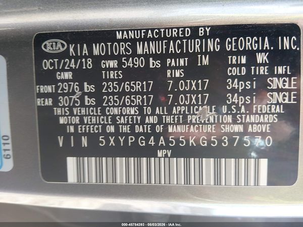 2019 KIA SORENTO 3.3L LX
