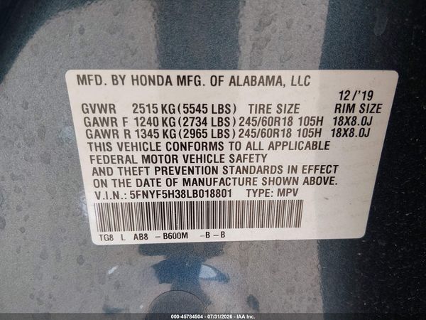 2020 HONDA PILOT 2WD EX