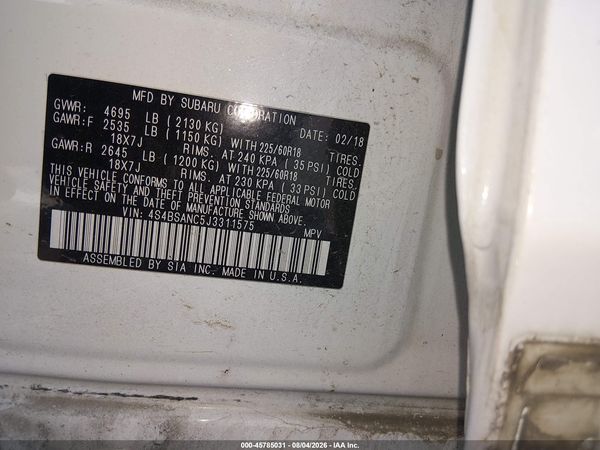 2018 SUBARU OUTBACK 2.5I LIMITED — I9