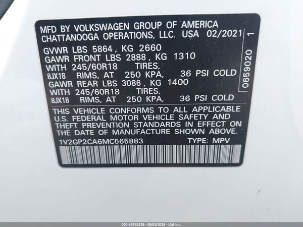 2021 VOLKSWAGEN ATLAS 2.0T S — I9