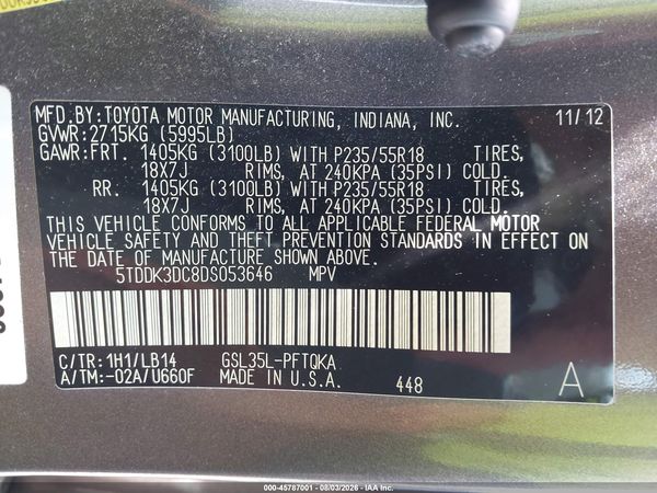 2013 TOYOTA SIENNA XLE 7 PASSENGER