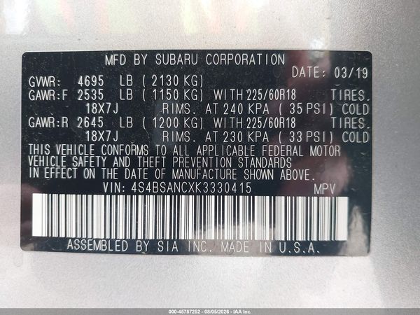 2019 SUBARU OUTBACK 2.5I LIMITED