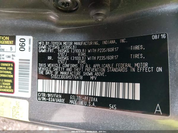 2017 TOYOTA SIENNA L 7 PASSENGER