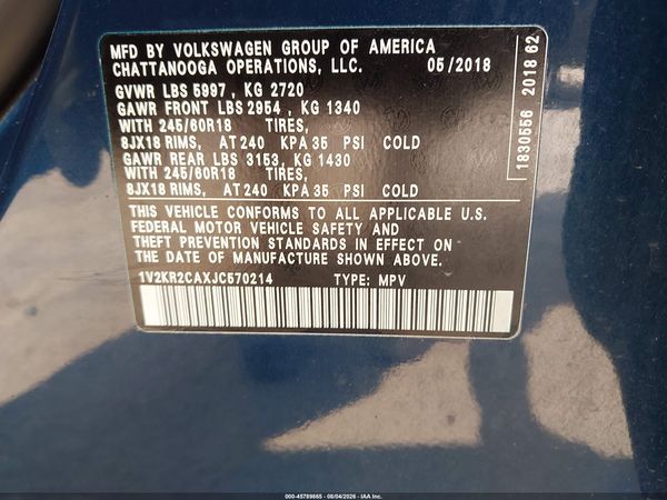 2018 VOLKSWAGEN ATLAS 3.6L V6 SE — I9