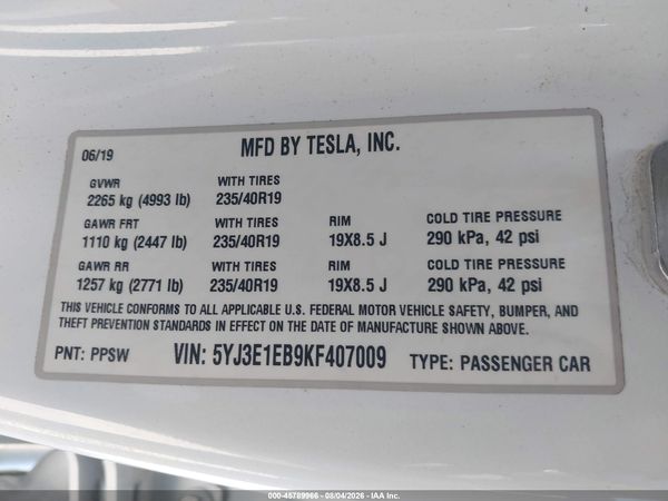 2019 TESLA MODEL 3 LONG RANGE/PERFORMANCE