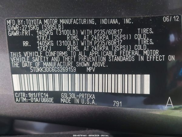 2012 TOYOTA SIENNA LE V6 8 PASSENGER