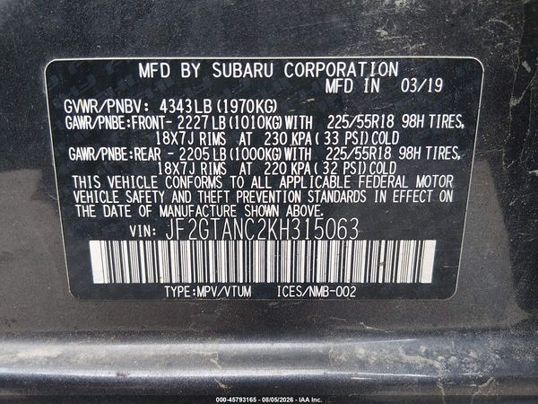 2019 SUBARU CROSSTREK 2.0I LIMITED — I9