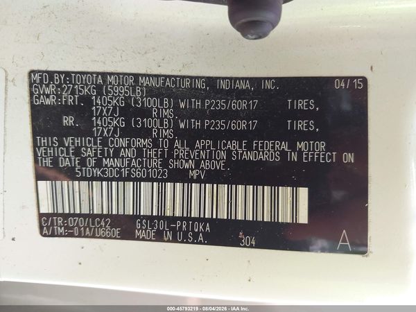 2015 TOYOTA SIENNA XLE 8 PASSENGER