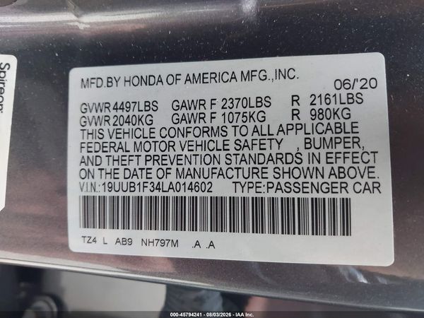 2020 ACURA TLX STANDARD