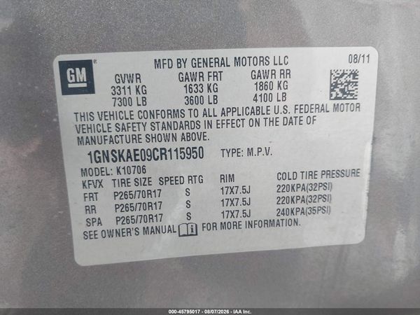2012 CHEVROLET TAHOE LS — I9