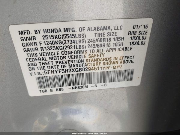 2016 HONDA PILOT EX