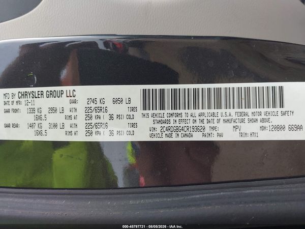 2012 DODGE GRAND CARAVAN SE/AVP — I9