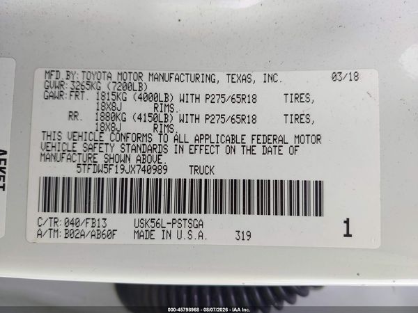 2018 TOYOTA TUNDRA SR5 5.7L V8