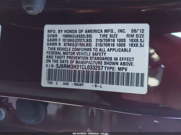 2012 HONDA CR-V LX