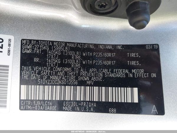 2019 TOYOTA SIENNA XLE 8 PASSENGER