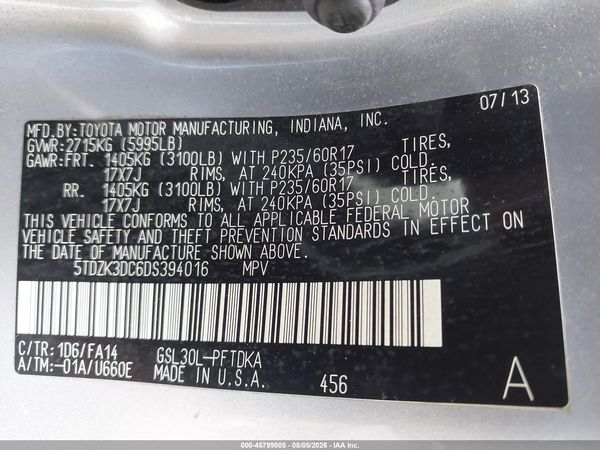 2013 TOYOTA SIENNA L V6 7 PASSENGER