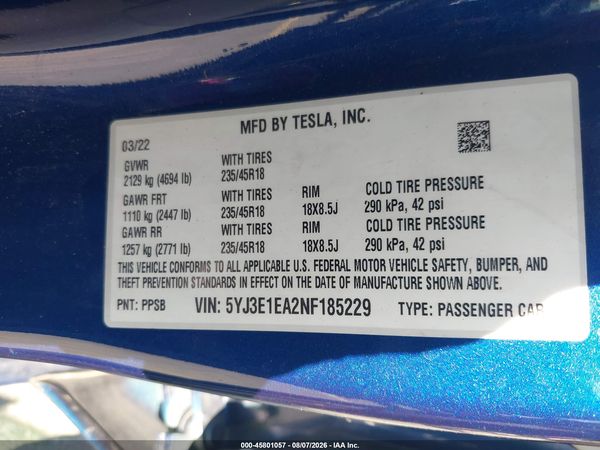 2022 TESLA MODEL 3 REAR-WHEEL DRIVE