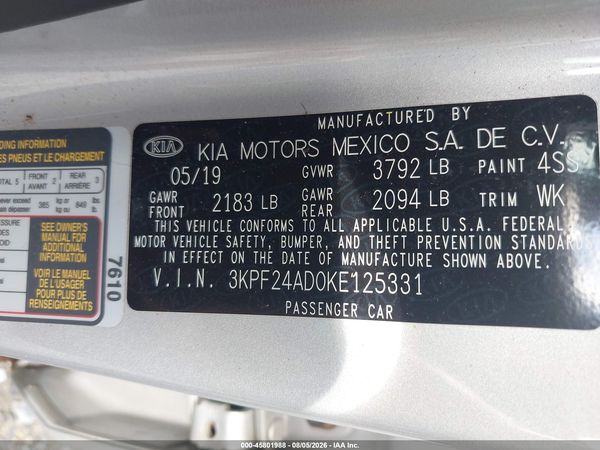 2019 KIA FORTE LXS