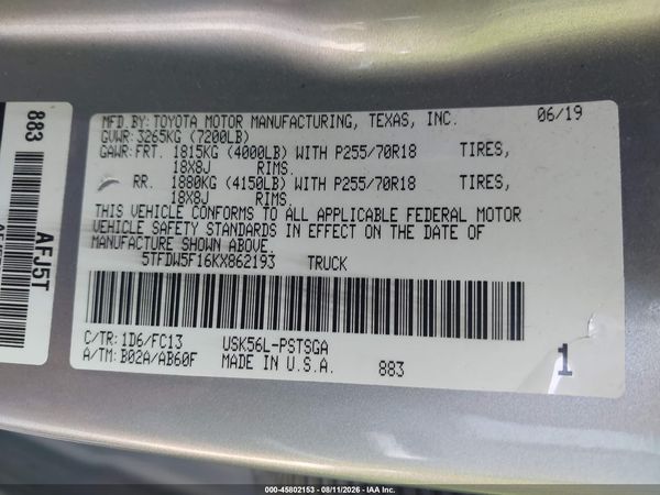 2019 TOYOTA TUNDRA SR5 5.7L V8