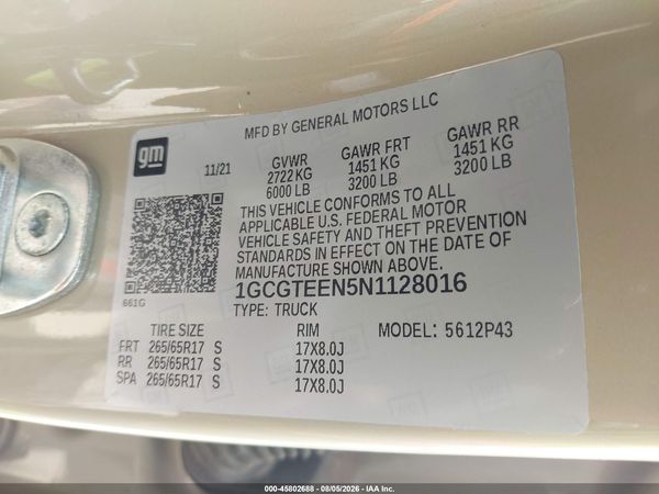 2022 CHEVROLET COLORADO 4WD  SHORT BOX ZR2 — I9