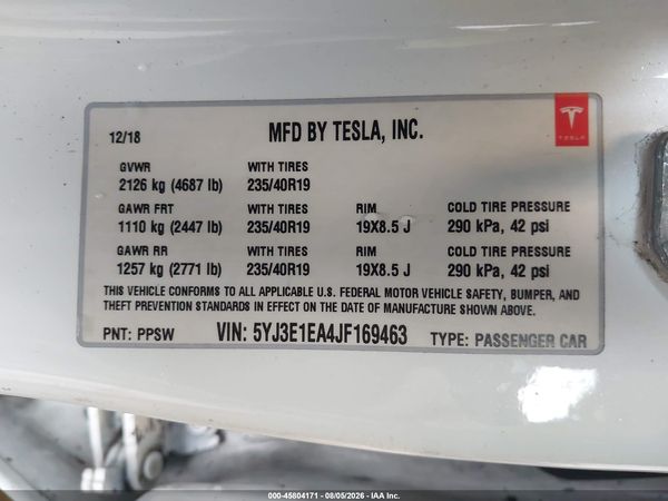 2018 TESLA MODEL 3 LONG RANGE/MID RANGE