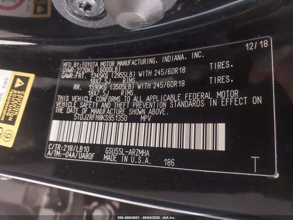 2019 TOYOTA HIGHLANDER XLE