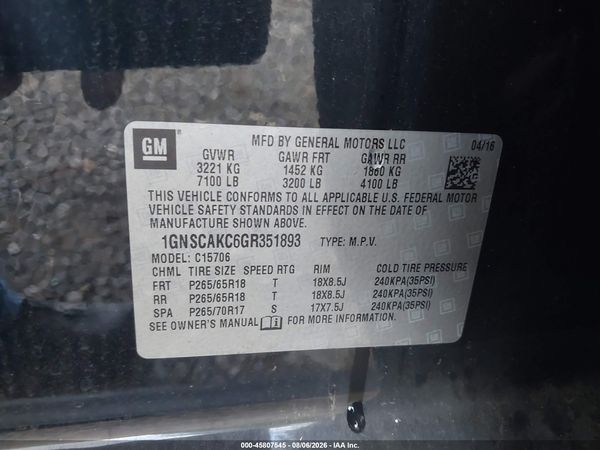 2016 CHEVROLET TAHOE LS — I9