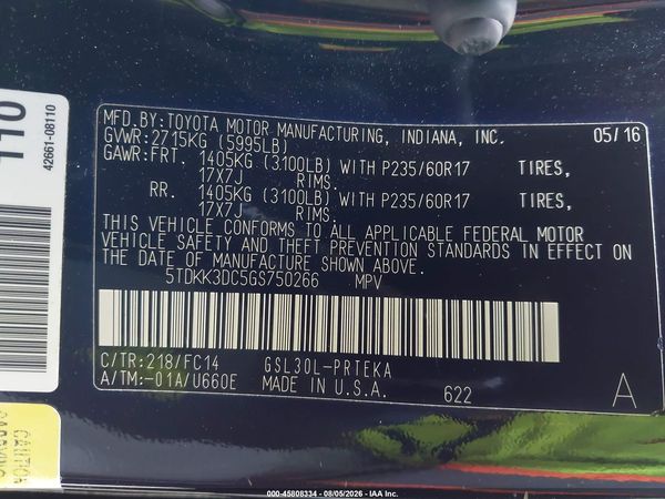 2016 TOYOTA SIENNA LE 8 PASSENGER