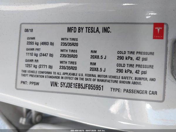 2018 TESLA MODEL 3 LONG RANGE/PERFORMANCE