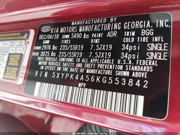 2019 KIA SORENTO 3.3L SX