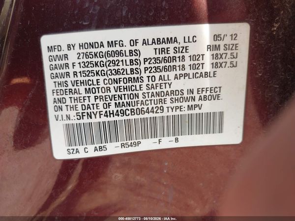 2012 HONDA PILOT EX