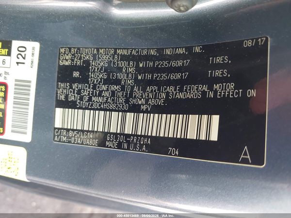 2017 TOYOTA SIENNA XLE 8 PASSENGER