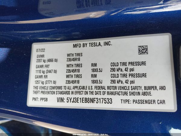 2022 TESLA MODEL 3