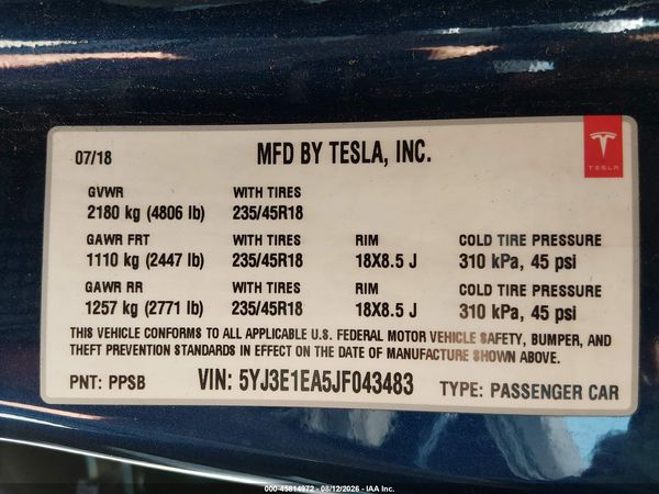 2018 TESLA MODEL 3 LONG RANGE/MID RANGE