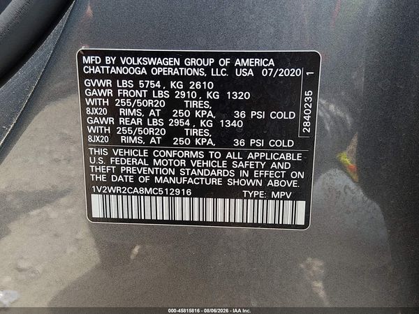 2021 VOLKSWAGEN ATLAS 3.6L V6 SE W/TECHNOLOGY — I9
