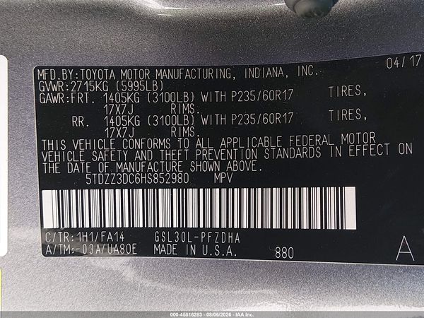 2017 TOYOTA SIENNA L 7 PASSENGER