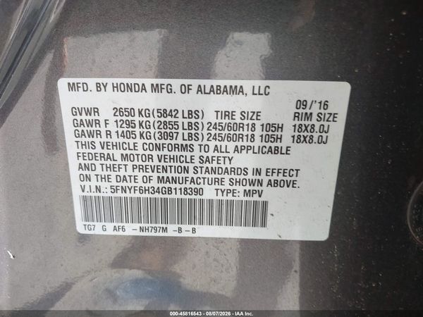 2016 HONDA PILOT EX