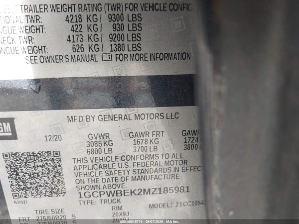 2021 CHEVROLET SILVERADO 1500 2WD  SHORT BED CUSTOM — I9