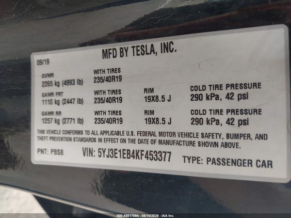 2019 TESLA MODEL 3 LONG RANGE/PERFORMANCE