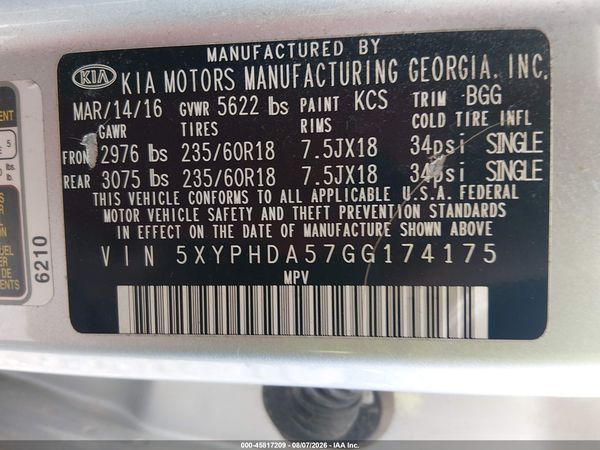 2016 KIA SORENTO 3.3L EX