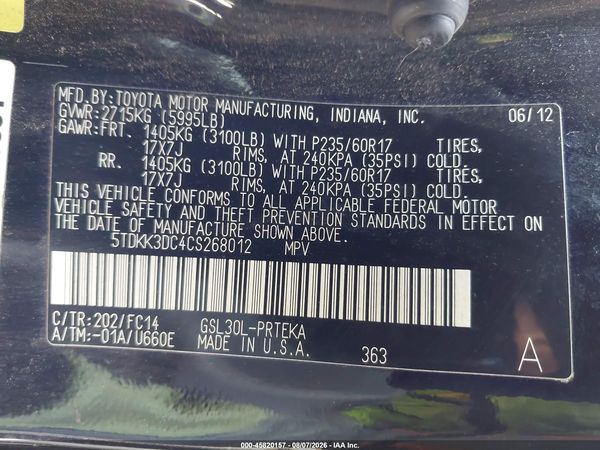 2012 TOYOTA SIENNA LE V6 8 PASSENGER