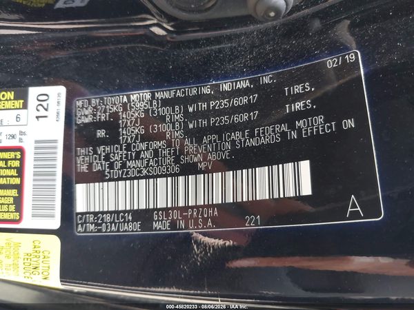 2019 TOYOTA SIENNA XLE 8 PASSENGER — I9